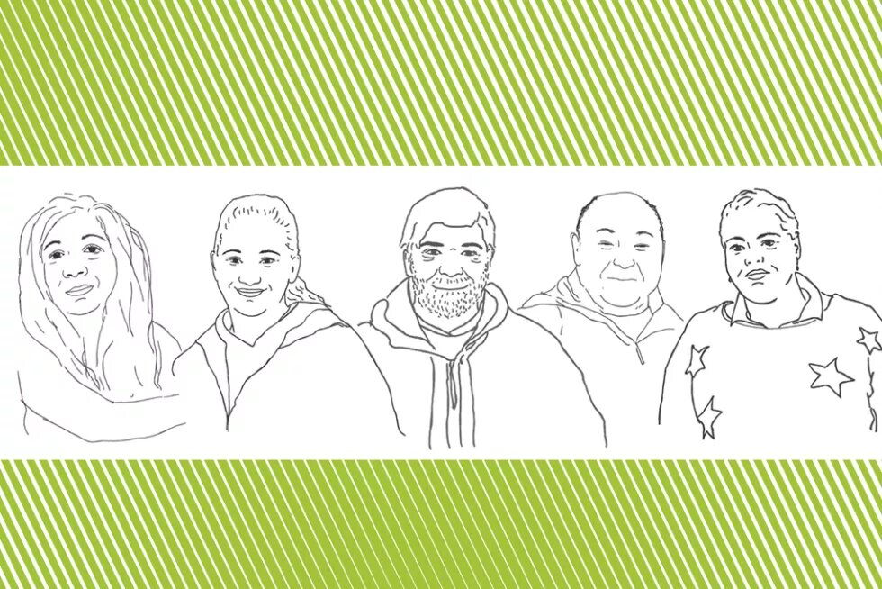 Auf grün liniertem Hintergrund sehen wir Renata, Blanka, Alexandr, Milan und Brigitta