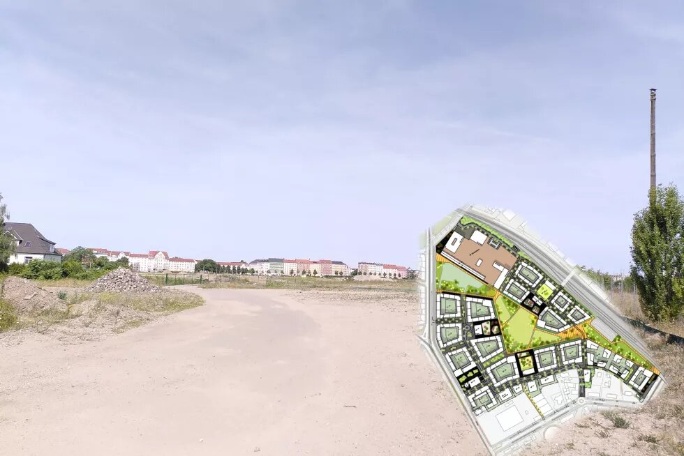 Im Hintergrund die zu bebauende Fläche. Im Vordergrund eine Darstellung des künftigen Quartiers.