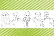 Auf grün liniertem Hintergrund sehen wir Renata, Blanka, Alexandr, Milan und Brigitta