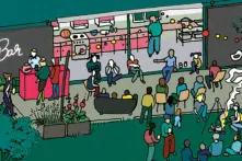 Blick auf eine offene Küche im Grünen. Menschen sitzen unter anderem vor einem Lagerfeuer.