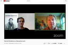 Screenshot des Onlinegesprächs zur Wasserkrise. Rechts ist Nick Reimer im Bild, links Grit Ebert, die Moderatorin des Gesprächs.