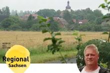 Im Hintergrund sieht man das Dorf Pödelwitz mit seiner markanten Kirche. Davor liegt ein Feld. In der rechten Ecke des Bildes ist ein Porträtfoto von Jens Hausner eingefügt. In der linken Ecke sieht man das Logo von Boell.Regional.