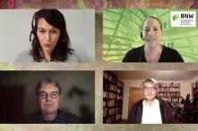 Online-Podium - eingeblendet sind die Moderatorin Ronja Morgenthaler (ober links), Dr. Katharina Reuter (obern rechts), Prof. Ulrich Brand (unten links) und Sven Giegold (unten rechts)