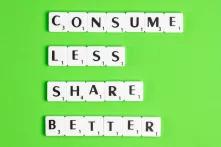 Auf grünem Grund steht "Consume less, share better"