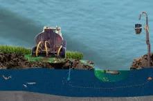 Ein Traktor düngt das Feld. Daneben sieht man, wie Einträge davon in das Grund- und Oberflächenwasser gelangen.