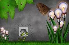 Glühbirnen als Blütenköpfe. Darauf sitzend ein Schmetterling.