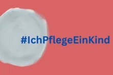 korallenroter Hintergrund mit einem grauen Kreis und dem Hashtag #IchPflegeEinKind