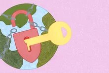 Eine Weltkugel, die mit Kette und Vorhängeschloss verschlossen ist