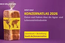 Auf lila Hintergrund steht ein Toast-Verpackung. Als Etikett dient eine Weltkarte.