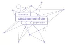 Das Ausstellungslogo in violett vor weißem Hintergrund. In der Mitte steht der Titel "zusammentun. solidarisch gegen rechts"; er wird eingerahmt von Linien, die sich kreuzen und verbinden.