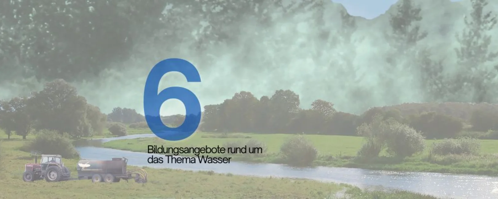 Collage einer Landschaft mit Wasser. Darauf steht: 6 Bildungsangebote rund um das Thema Wasser