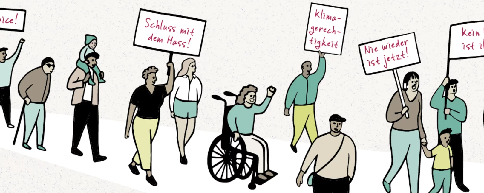 grafische Darstellung: Menschen demonstrieren für Klimagerechtigkeit, Bleiberecht und Feminismus