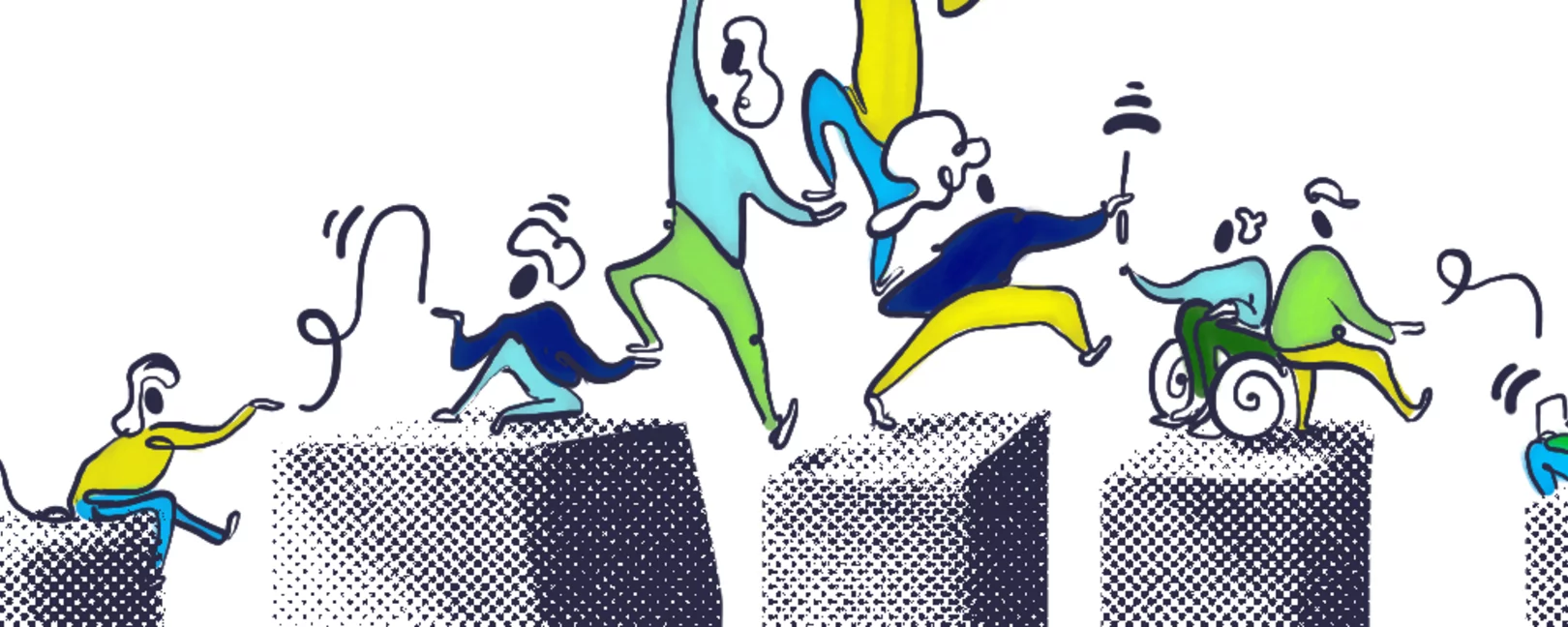 Menschen hüpfen über Steine