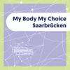 Der Titel “my body my choice Saarbrücken” steht vor violettem Hintergrund, auf dem sich weiße Linien Kreuzen und Verbindungspunkte bilden.