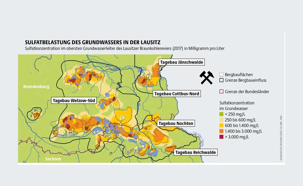 Karte des Lausitzer Reviers mit Tagebauen. Darin eingetragen die Sulfatbelastung an ausgewählten Orten