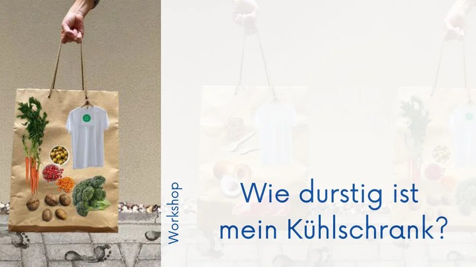 Einkaufstüte mit Produkten. Darunter Abdrücke eines nassen Fußes