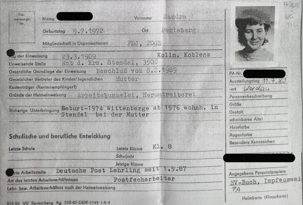 Auszug aus der Heimkarte von Sandra