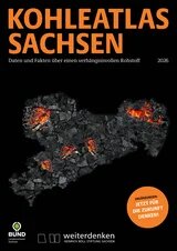 Auf Schwarz ist Sachsen i.F. einer Landkarte abgebildet. In der Landesfläche lodert Kohle.